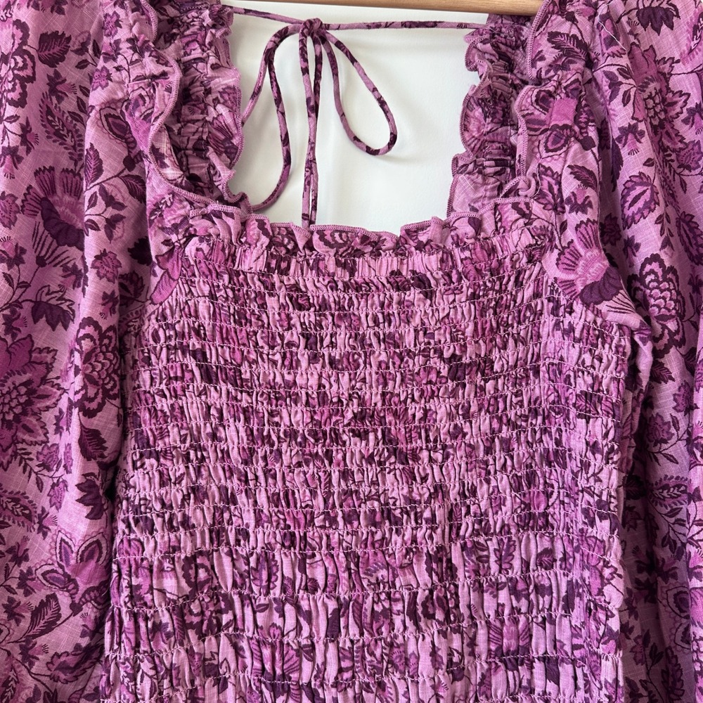 Free People Purple Floral Smocked Mini Dress Balloon Sleeve Size S OB1438613 NWT - Picture 4 of 13